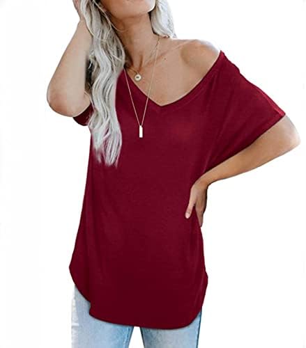 Женски обичен блуза краток ракав Длабок V врат памук Основно лабаво вклопување опуштена маичка за блуза за дами S2