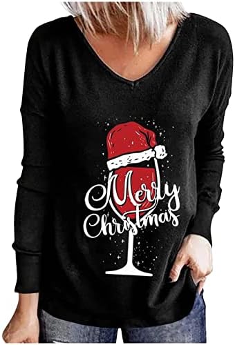 Среќни божиќни маици за жени со долг ракав Раглан црвено вино стакло графички врвови, обичен тренинг v вратите блузи