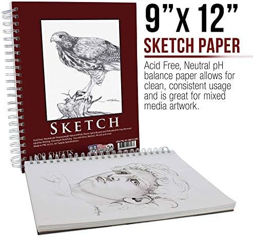 Американско уметничко снабдување 9 x 12 подлога за книги за скици, пакет од 2, 100 листови секоја, 60lb - спирална врзана уметничка скициска хартија за цртање, без киселини