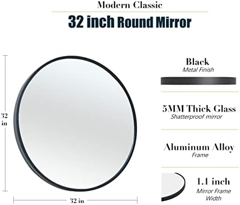 Beauty4U 32 Ѕид Круг Огледало За Бања, Голем Црн Круг Огледало За Ѕид, 32 инчен Виси Круг Огледало За Дневна Соба, Суета, Спална Соба