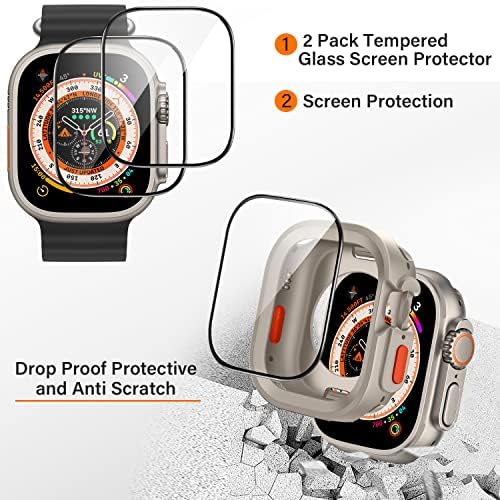 Amize Rugged Case компатибилен со Apple Watch Ultra 49mm кутија со 2 пакувачки заштитник на екранот за стакло, мек TPU издржлив шок -заштитен заштитен капакот на браникот за iWatch Ultra 49mm