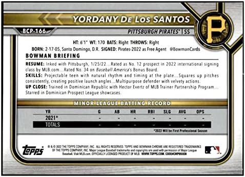 Yordany de Los Santos RC 2022 Bowman Chrome изгледи Mega Mojo BCP-166 Rookie NM+ -MT+ MLB Бејзбол пирати
