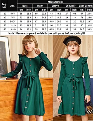 Девојки на Аршинер Девојки со долг ракав Обичен есенски фустан, линија за миди фустан со џебови за деца 5-14Y