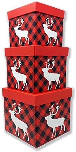 Божиќни кутии за подароци за гнездење Проверете го кариран Бафало за завиткување на подароци и декор за забава, мал сет од 3
