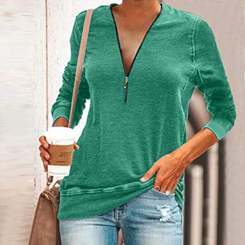 Meikosks Ladies V вратот патент маица со долги ракави врвови цврсти блузи во боја плус пулвер со големина