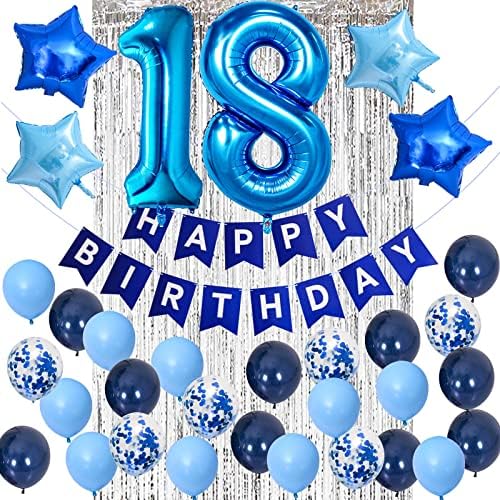 18 -ти роденденска декорација за мажи и жени, сини балони среќен роденден банер металик раб завеса за 18 -ти роденденски материјал