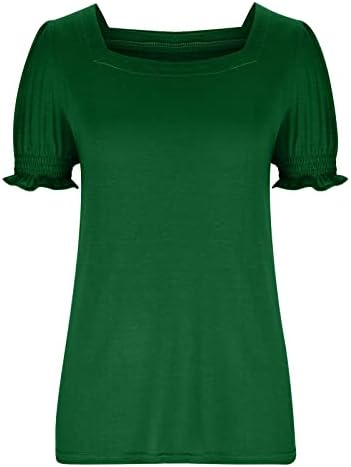Симпатични летни врвови за жени руфли со ракав, обични маички квадратни врат Основни маички облечени маица лабава вклопена туника блузи