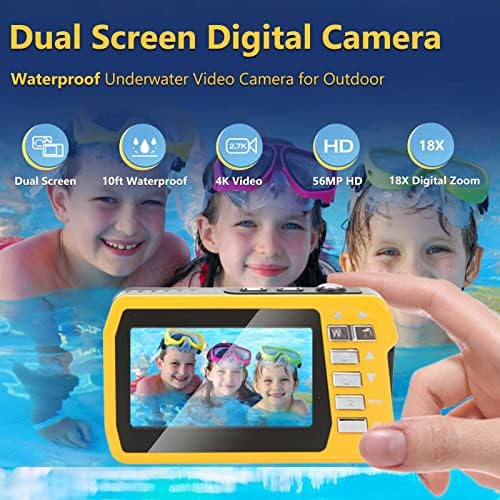 Водоотпорна дигитална камера, 10 -тина подводни камери Full HD 4K 56MP Видео рекордер селфи со двојни екрани со 18x дигитален зум, фенерче,