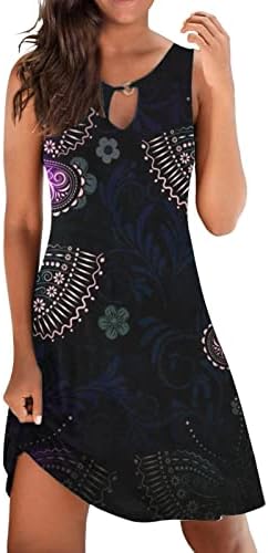 Ethенски жени облекуваат цветни шема печати плус големина o-врат камизола проточен резервоар фустан лето макси фустани случајно