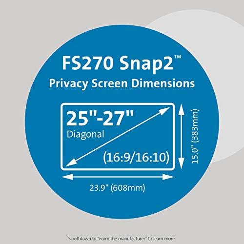 Кенсингтон FS270 SNAP2 екранот за приватност за 25-инчен до 27-инчен широк екран 16:10 и 16: 9 монитори