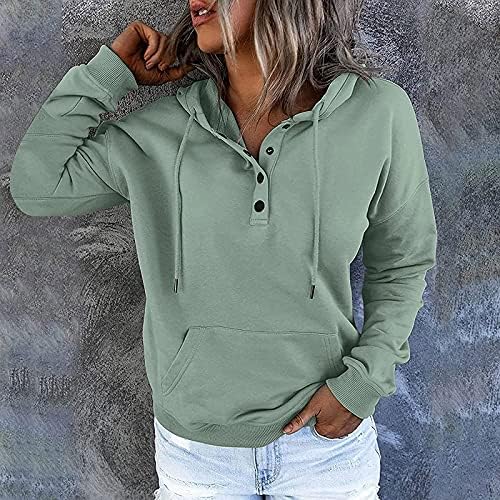 Dreamlascar женски дуксери 2022 есенски модни џемпери на есенски копчиња за долги ракави, надолу со качулка, лабава џеб врвови