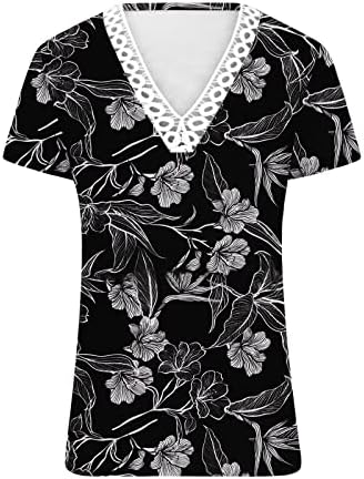 Маица дами лето есен краток ракав 2023 V вратот чипка памучна цветна графичка салон топ маица за тинејџери за тинејџери 6i