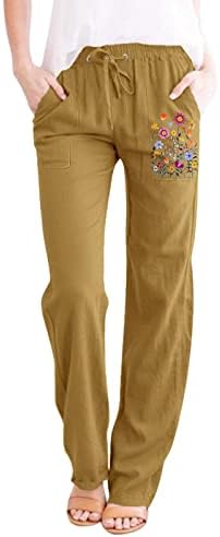 Kcjgikpok жени постелнина панталони, цврсти еластични издлабени широко нозе лабава лента за постелнина панталони со џебови
