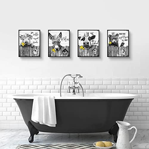 Фарма куќа бања wallидна уметност смешна магаре, крава, печатење на постер од крава, свињи и мечки, рустикален црно -бел земја гроздобер