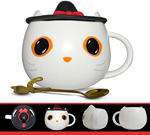 Брушична кригла со мачки за loversубители на писе | Симпатична чаша со капаче за капа на вештерка и симпатична лажица | Керамичко кафе и чај чаши