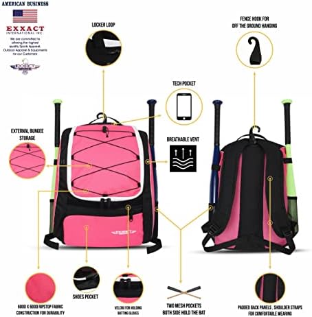 Exxact Sports Baseball Bat Bag - Softball торба за девојчиња, бејзбол ранец за момчиња, опрема за топка со чевли и кука за ограда, држи