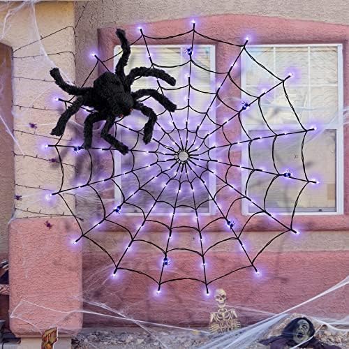 Mailuna 96 LED осветлен пајак веб -декорација на белоин 1 голем црн пајак и 8 мали пајаци 3,28 стапки со дијаметар водоотпорни виолетови пајаци веб -светла, барови, прогонува?