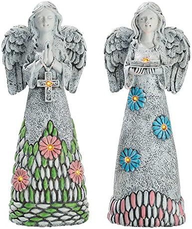 Колекции на Тереза, Ангел Градина статуи скулптура со соларни светла, сет од 2 смола на отворено фигурини кои се молат ангелски уметност спомен -обележје, градинарс?