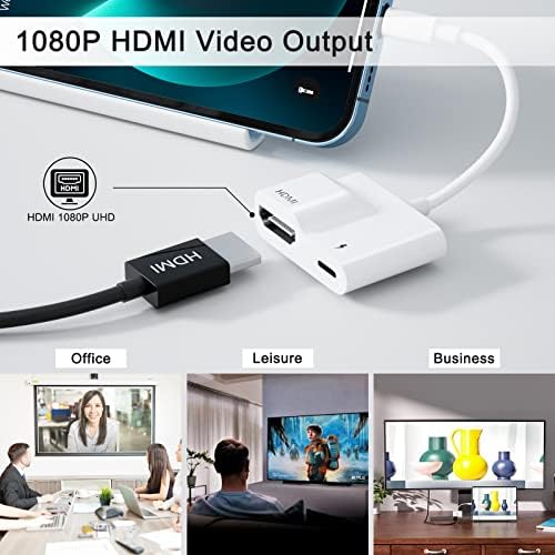 HDMI адаптер за iPhone to TV, 1080p Дигитален AV адаптер за iPhone, HD Video HDMI Sync Converter, Converter, Поддршка HD TV/Projector/Monitor [Нема потреба од моќ]…