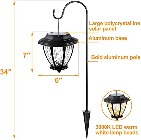 Eeauld висат светла соларна патека, 2 пакувања овчари светла водоотпорни висечки соларни светла 34 инчи надворешни соларни фенери 3000k топло бело