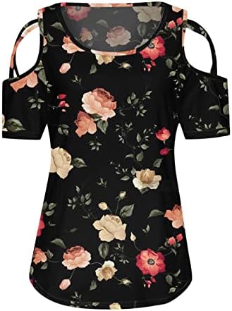 Маица за блуза за девојчиња без ретроспективно лизгање со краток ракав ладен рамо брод вратот пеперутка цветна графичка обична блуза