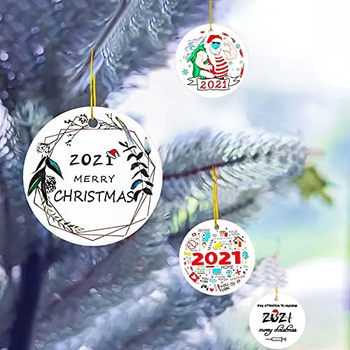 Персонализирани божиќни украси 2021 Бели украси за новогодишни елки Поставете карантин, Божиќна белег на украси на ковид керамика украси за дрво, Божиќ - Клиренс за п