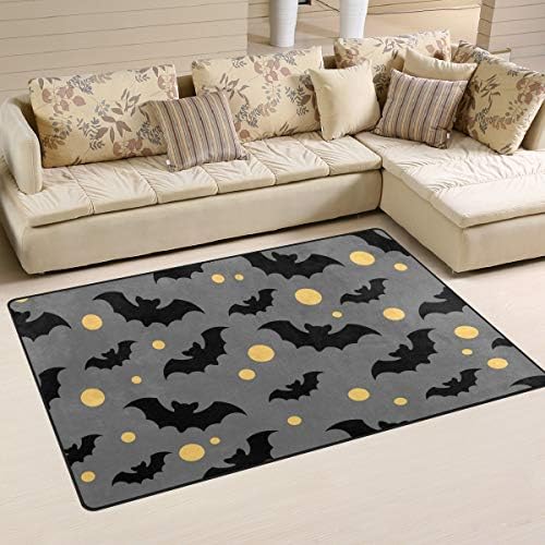 Алаза среќен килим за Ноќта на вештерките, симпатична шема Месечина црни лилјаци подни теписи кои не се лизгаат за живеење за живеење во соба