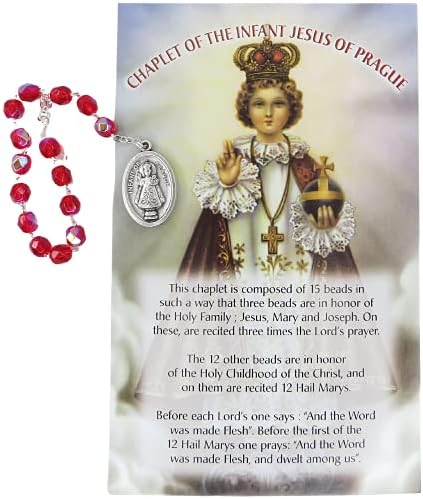 Џебни молитви и розарии Исус од Прага католичка молитвена картичка и сет на подароци од Розарија, капелет со црвени кристални мониста