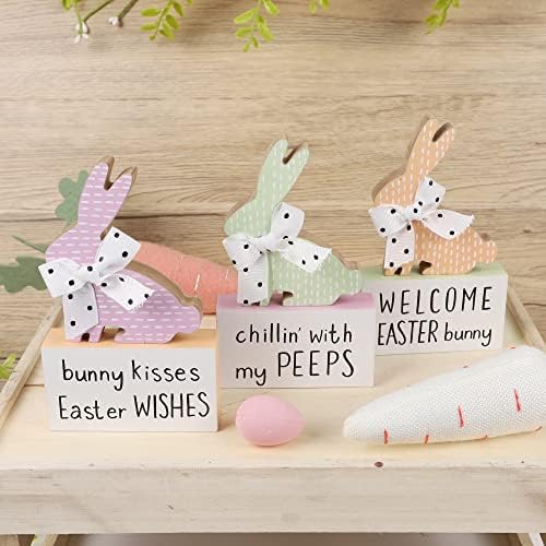 Сет на АДРОИТЕТ од 3 велигденски зајаче табела дрвени знаци, велигденска лента за декор за зајаче фигурински зајаци блокови, пролетна