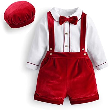 Копче за облека за облека со венџо бебе, црвено смокинг, надолу со кошула со кадифени суспензии шорцеви