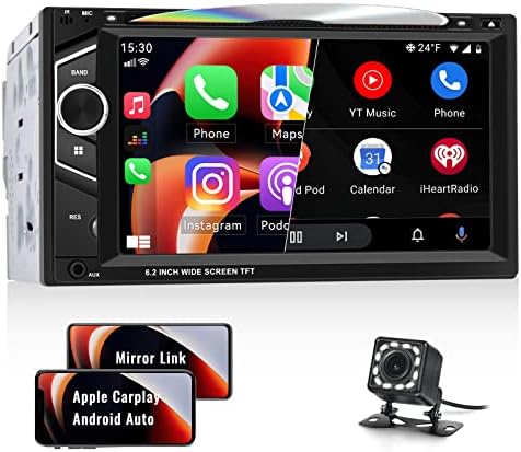 Двоен Дин Автомобил Стерео со Цд/ДВД Плеер Apple Carplay Android Auto, 6.2 Екран На Допир Bluetooth Автомобил Аудио Приемник Со Огледало