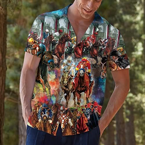 Смешни коњи хавајски кошули за мажи жени, loveубов коњски трки Хавајски лето со кратки ракави, случајно опуштено копче-надолу надолу