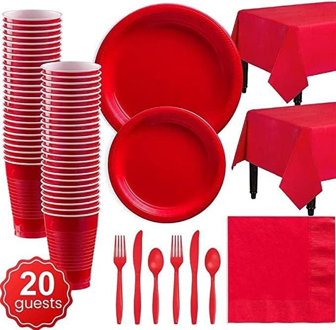Црвена чинија и салфетка поставени машки украси за роденден, момчиња за девојчиња за девојчиња, сет 142 парчиња парчиња за еднократна