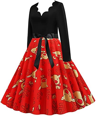 Божиќен фустан за жени 1950 -ти Гроздобер Скалопед V вратот Пром забава Коктел фустан симпатична лабава замав фустани