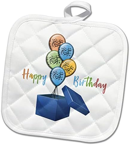 3drose Среќен роденден. Сина кутија за подароци со балони за играчки и музички. - Potholders