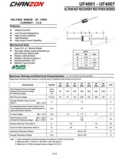 Chanzon UF4005 Ultra Fast Recovery Rectifier Diode 1A 600V 50-75NS DO-41 Аксијален 1 засилувач 600 волти електронски диоди