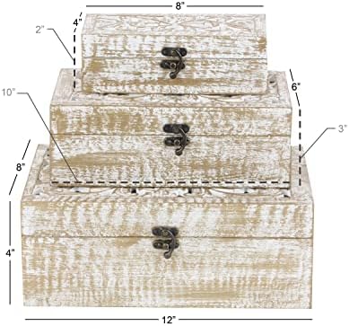 Деко 79 Манго Вуд Флорал Рачно изработена кутија со капаче за шарки, сет од 3 8 , 10, 12 w, бело