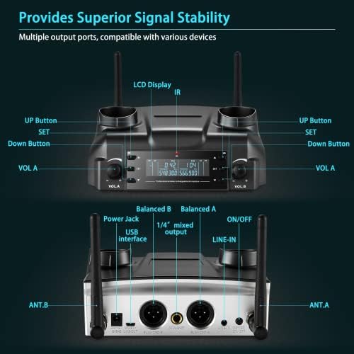 Бекбо Професионален Двоен Динамичен Рачен Систем ЗА Безжичен Микрофон UHF, Магнетно Индуктивно Безжично Полнење, Опсег од 165