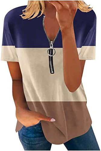 Женски лабави кошули со краток ракав, патент v вратот блузи врвни градиентни кошули во боја 2023 летни блузи туники тинејџери тинејџери
