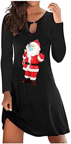 Ружијог Жени Плус Големина Божиќни Фустани Црвено Вино Стакло Графички Обичен Фустан За Кошула За Нишање Шуплив Фустан Со Долги Ракави