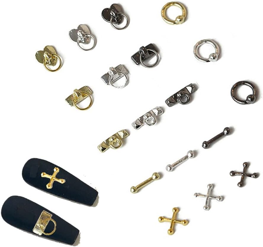 50 парчиња панк -привлечности за нокти гроздобер стил легура злато црно сребрена готска декор нокти крст срце прстен уметнички украси