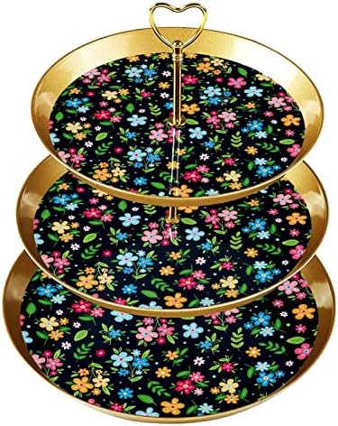 3 Ниво на штанд за чаши со злато прачка пластична десерт кула сад Шарена копачка цветна печатена печатена овошје приказ за бонбони за свадба роденден Божиќна забав?
