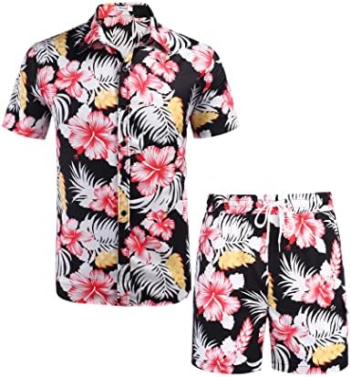 ВАТЕКИИ МАНСКИ Хавајски кошули Краток ракав Хавајски поставува кошула за одмор и шорцеви 2 парчиња обични плажа тропски кошули за мажи