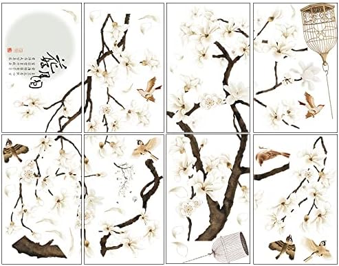 Амаонм Бели Цветови Во Кинески Стил Црно Дрво И Летечки Птици Ѕидни Налепници Отстранливи Декорации За Уметнички Декор Со Самодоверба