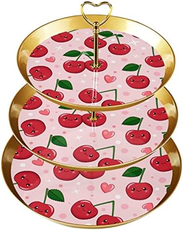 Драгонбту 3 Ниво Кекси Стојат Со Злато Прачка Пластични Нивоа Десерт Кула Послужавник Цртан Филм Црвена Цреша Овошје Бонбони Дисплеј За Свадба