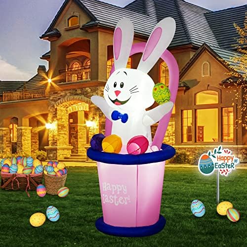 Hopoco 7 ft Висина Велигденски надуени украси на отворено зајаче со корпи и шарени јајца - со LED светла вградени за одмор/забава/двор/градина/тревник