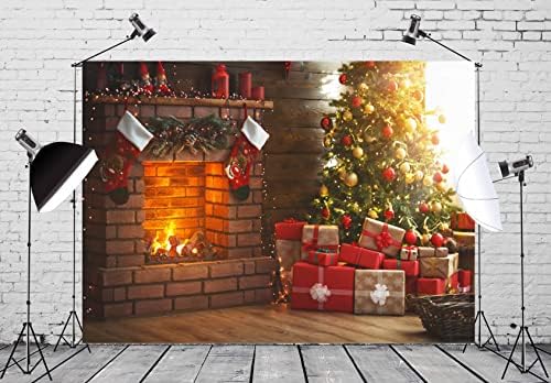 Белеко 10x8ft ткаенина Божиќна празничка фотографија позадина затворен камин чорапи Божиќни дрвја подароци декор позадина за
