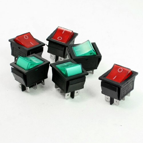 UXCELL A13062700UX0240 Neon DPST вклучено/исклучено Snap во Rocker Switch AC 10 AMP, 250V/20 засилувач, 125V, 6 парче, црвено/зелено