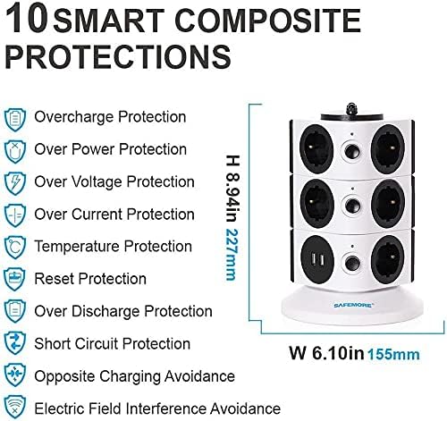 Заштита на електрична енергија од кула Дубао, вертикална заштитеност 11/15 приклучоци 2 USB порта за полнење 6.5ft/2m продолжено кабел за уреди