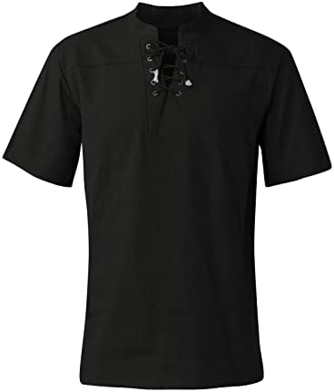Машки маици Rtrde Цврста боја Ретро-чипка-јака случајна V-врата за влечење на кратки кошули со кратки ракави врвни кошули